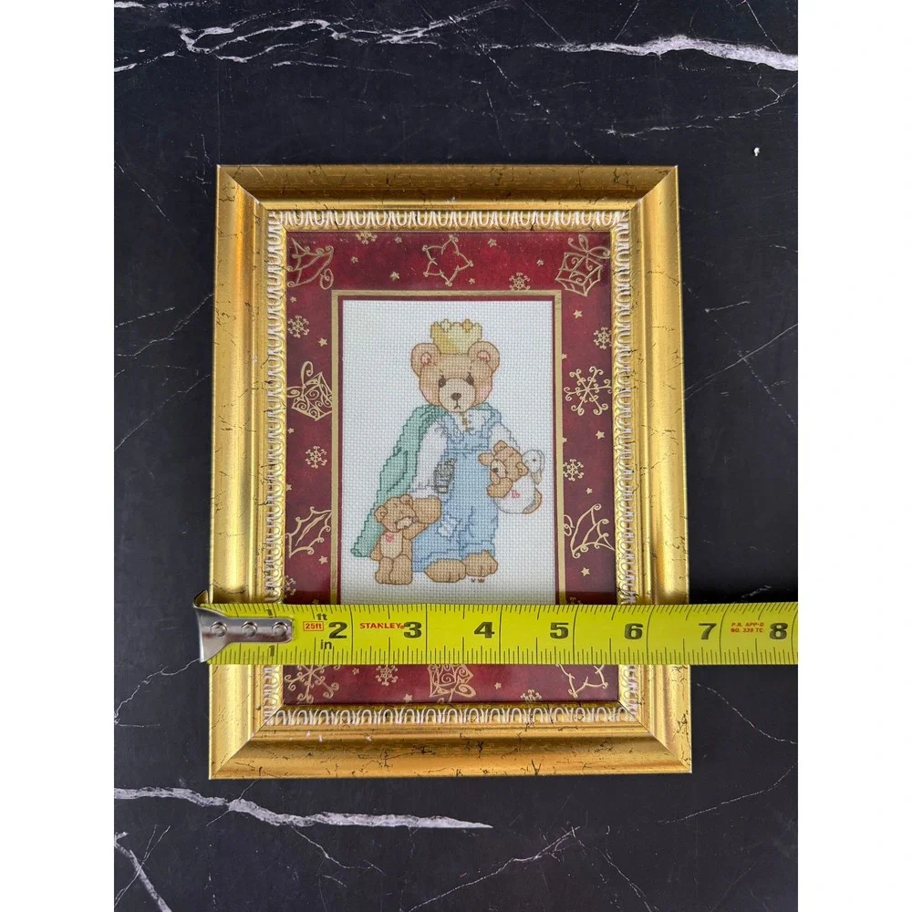 Hand Crafted Cross Stitch Royal Bear Framed Matted Holiday Christmas Art 8X7